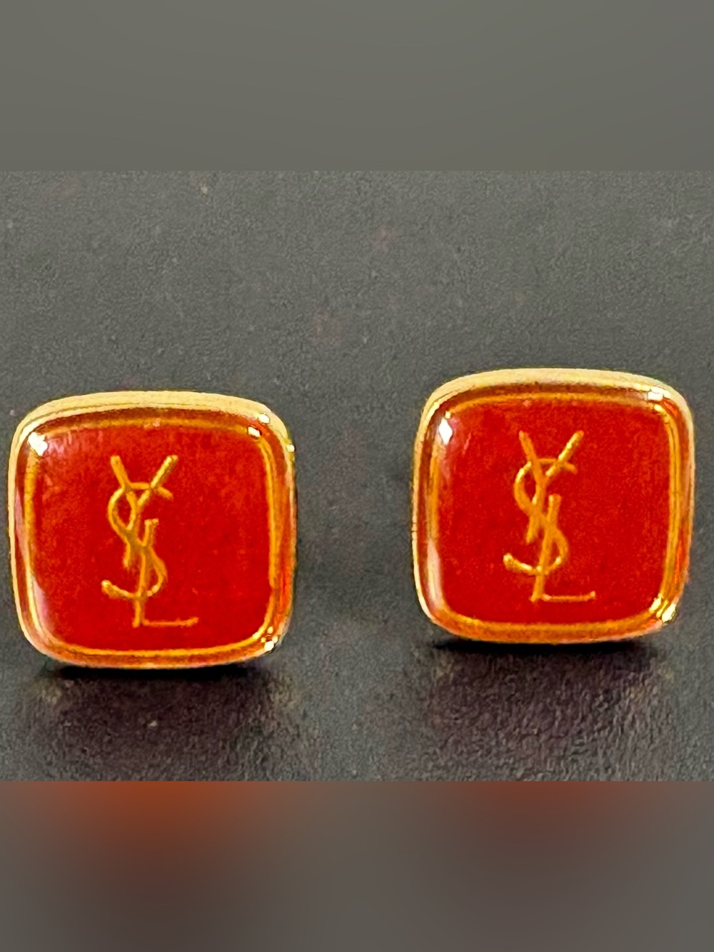 Yves Saint Laurent Vintage Cufflinks, Deep Red Enamel with Gold Trim